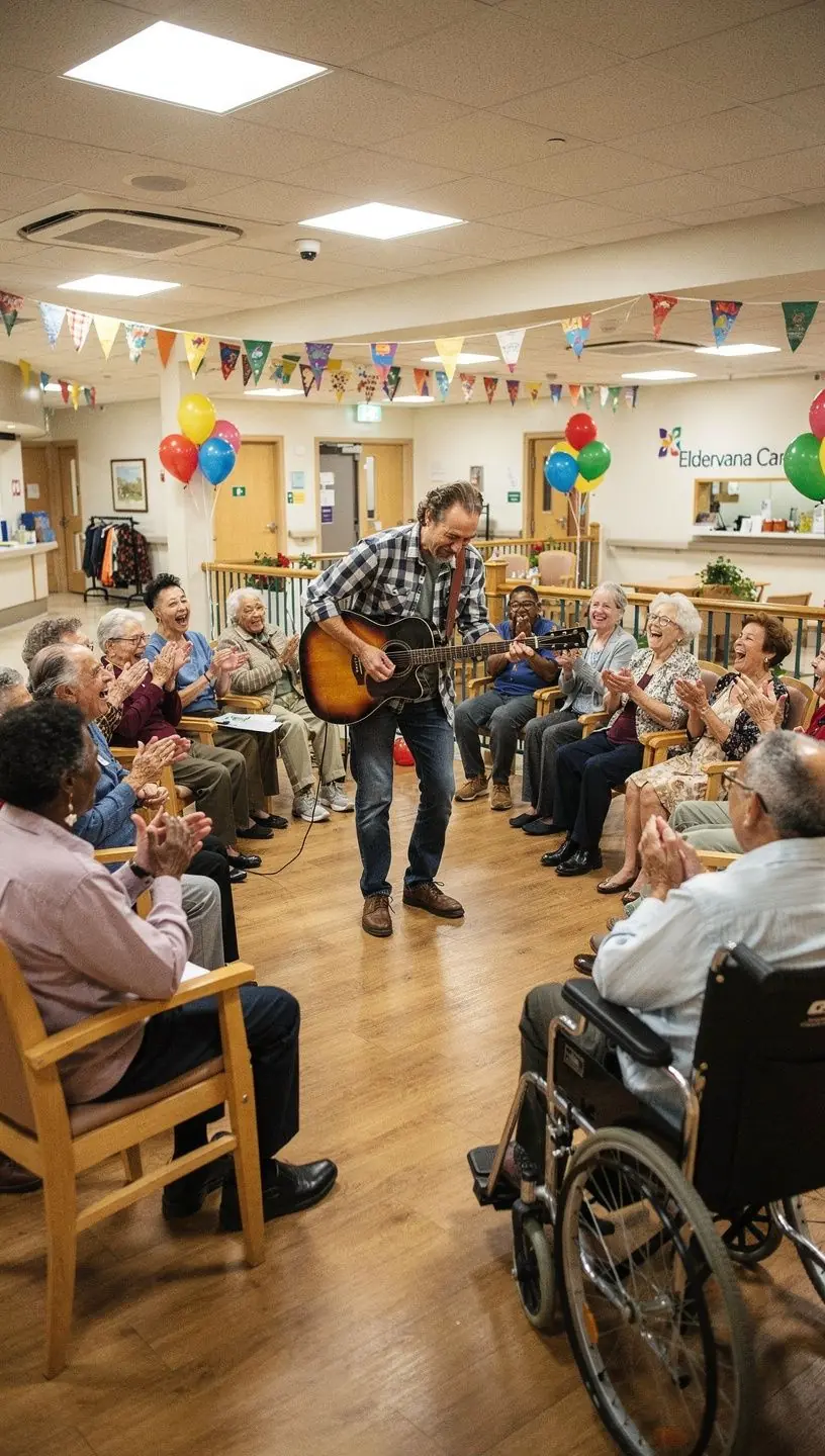 Een oudere vrouw die met een zorgverlener praat in een gezellige huiskamer.
