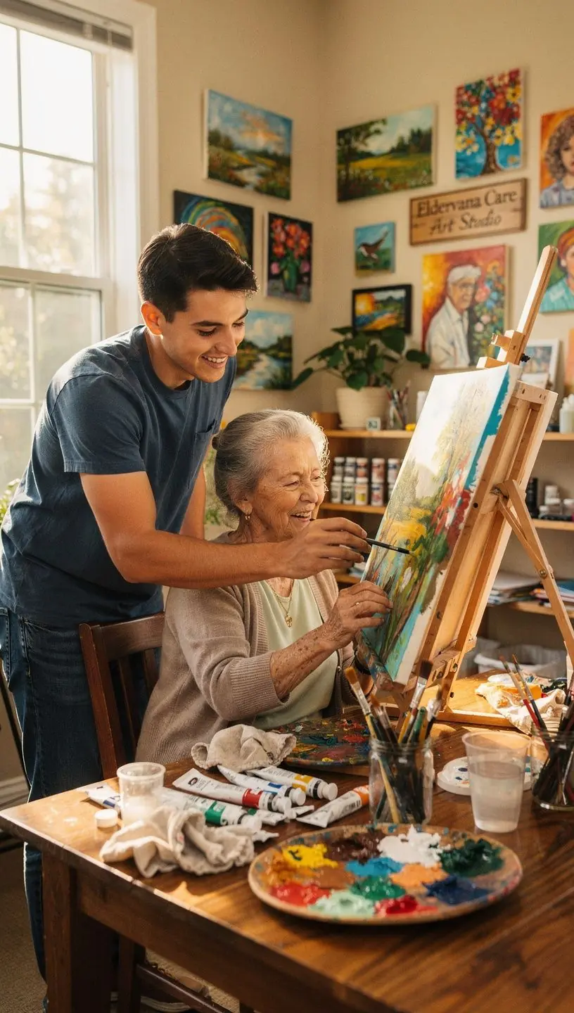 Een groep senioren die samen een activiteit doet in de tuin van het zorgcentrum.