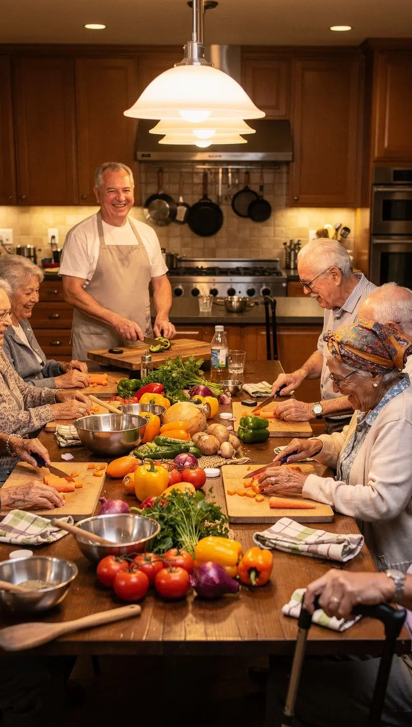 Een zorgcentrum met een warme en uitnodigende uitstraling, vol met planten en licht.